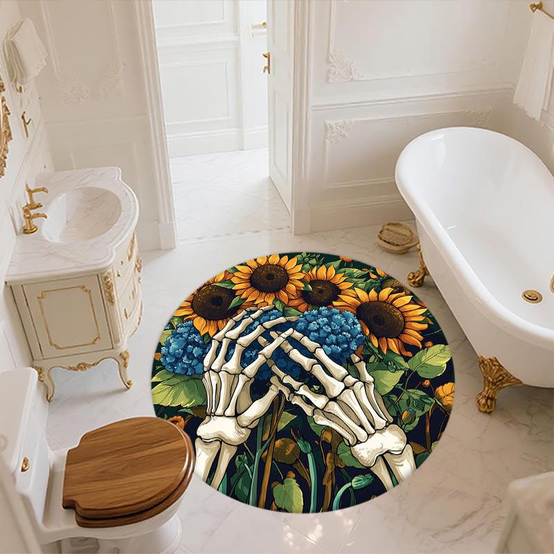 Sunflower and Skull,Round Area Rug,Carpet Rug for Living Room Bedroom Sofa Playroom Decor,Non-slip Floor Mat