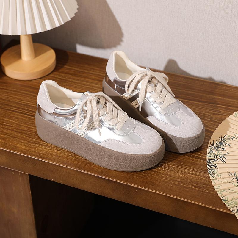 Silver German Training Shoes Su Yinyin Three Bars Cowhide Lace Edge Little White Shoes Thick Sole Inner Height Increase Sports and Leisure Shoes Wom