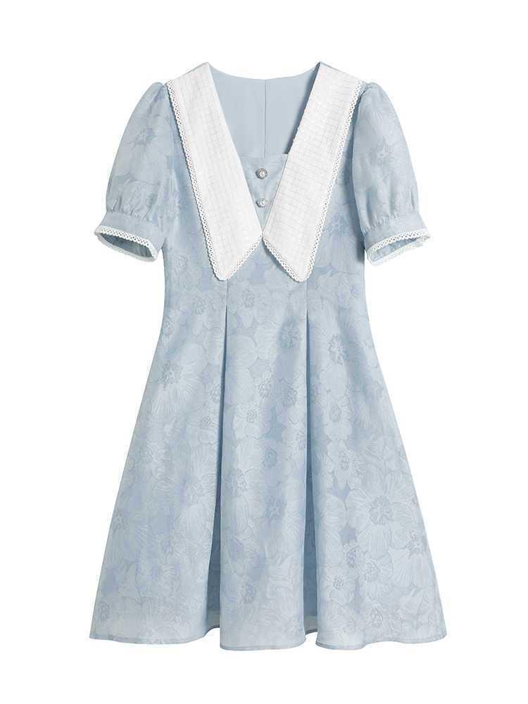 2026 Plus Size French Doll Collar Printed Dress - Retro Waist-Cinched A-Line Skirt for Summer