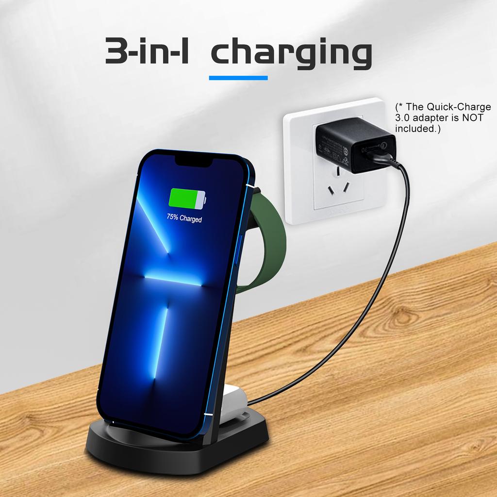 A001 A Kabelloses Ladegerät 3 in 1 Kabellose Ladestation 15W Schnellladung Vertikaler Ständer Kompatibel mit iOS