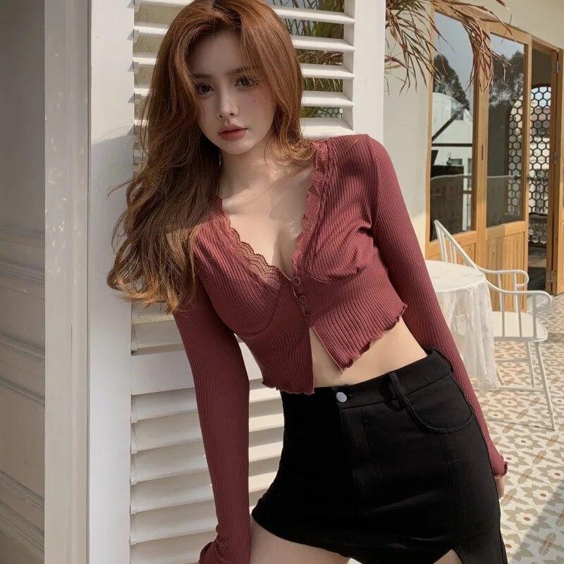 Crop Top ležérní tričko Jednobarevné zapínání na knoflíky Krajka Patchwork Dlouhý rukáv Slim Fit Cardigan bunda pro ženy