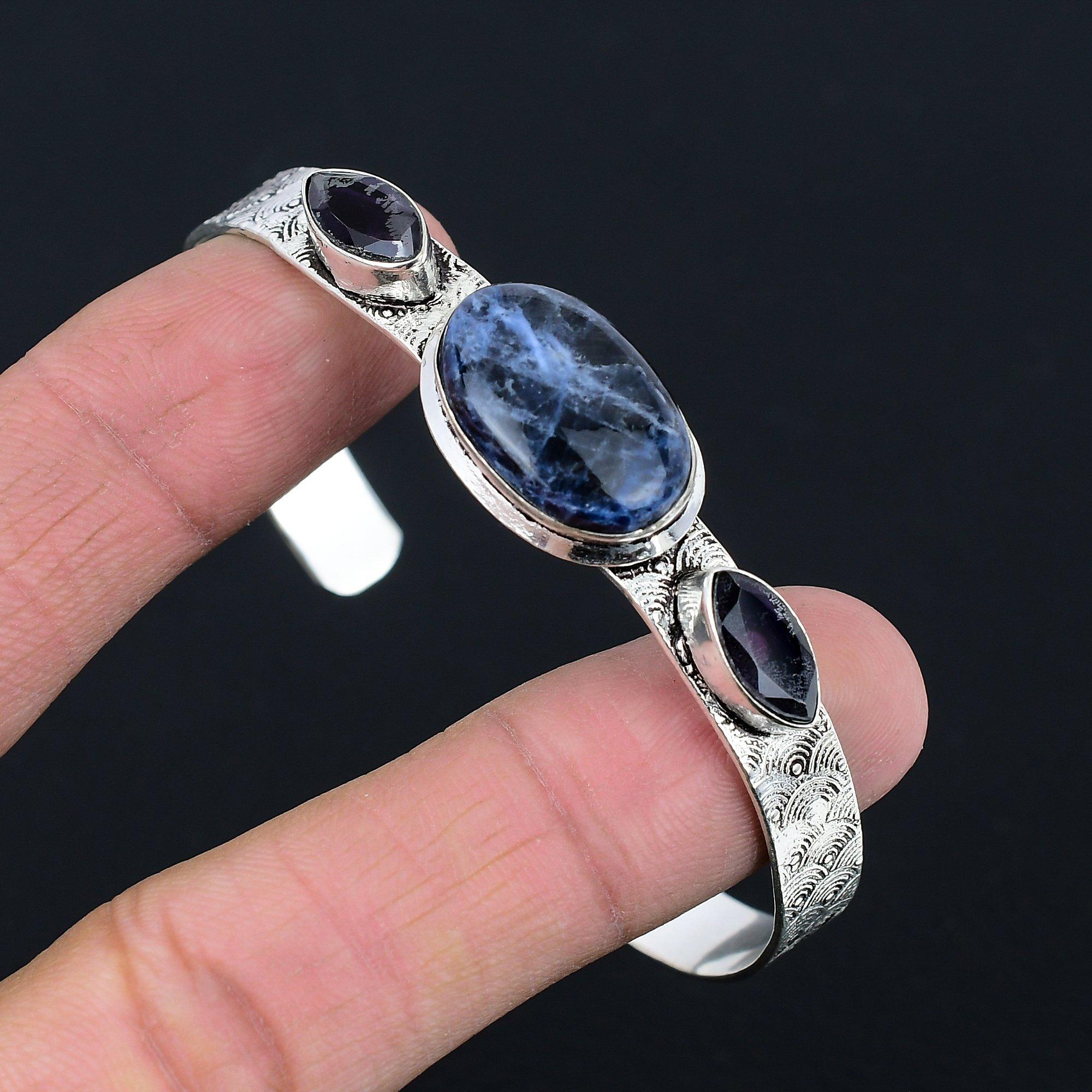 

Womens day Sale Sterling Silver Oval Natural Sodalite Amethyst Bangle Jewelry Adjustable