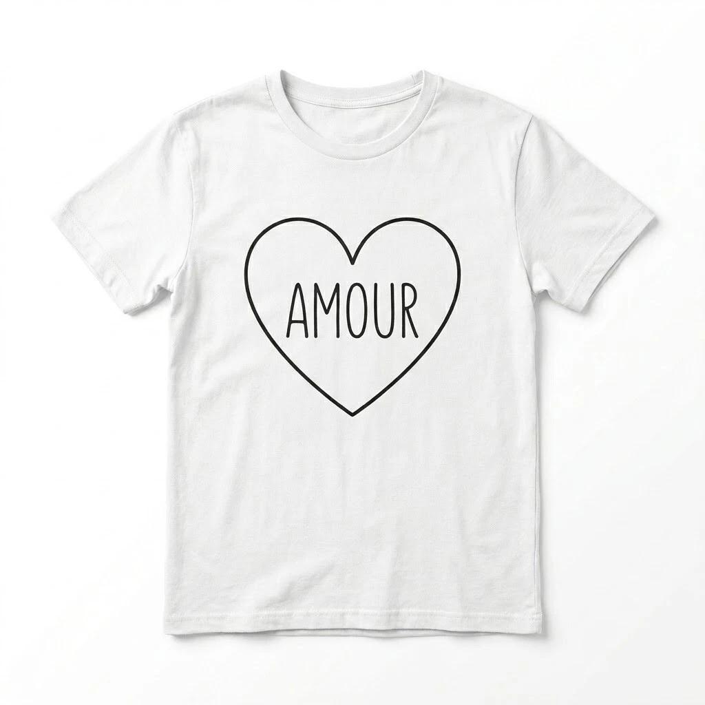 Amour Heart T-Shirt - Minimalist Black Couple Tee - Romantic Paris Style Shirt L