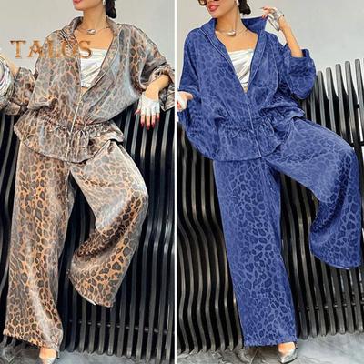 2 Pcs/Set Women Shirt Pants Set Leopard Printing Zip-up Long Sleeve Pleated Top Loose Wide Leg Trousers Commuting Workwear Outfit