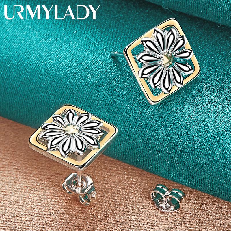 925 Sterling Silver Square Flower Stud Earrings For Women Party Fashion Jewelry
