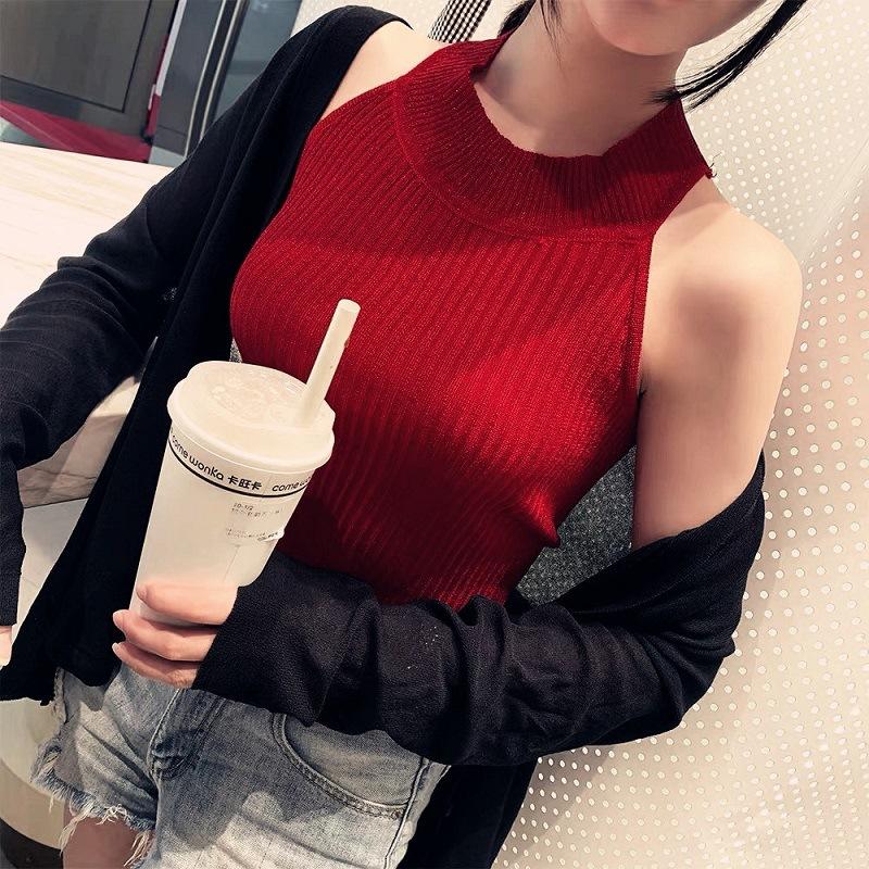 Summer New Halter, Off-the-shoulder Sparkly Ice Silk Knitted Halter Small Vest Women Slim Body with A Base Blouse Blouse