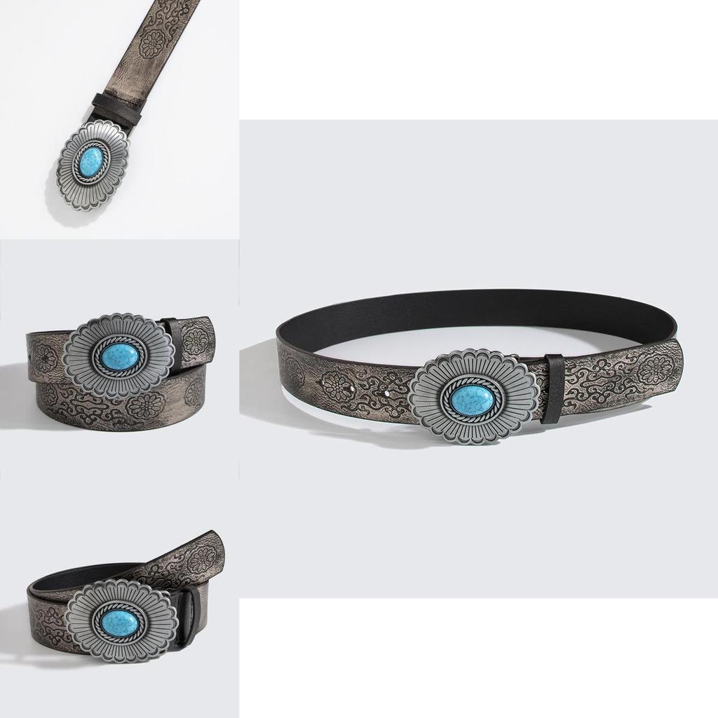 Punk Style Embossed Leather Belt With Large Gemstone Flower For Streetwear