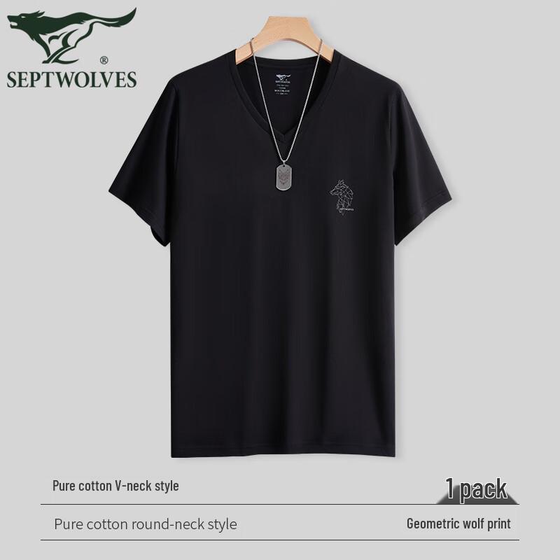 SEPTWOLVES Men's V-Neck 100% Cotton Wolf Print Short Sleeve T-Shirt