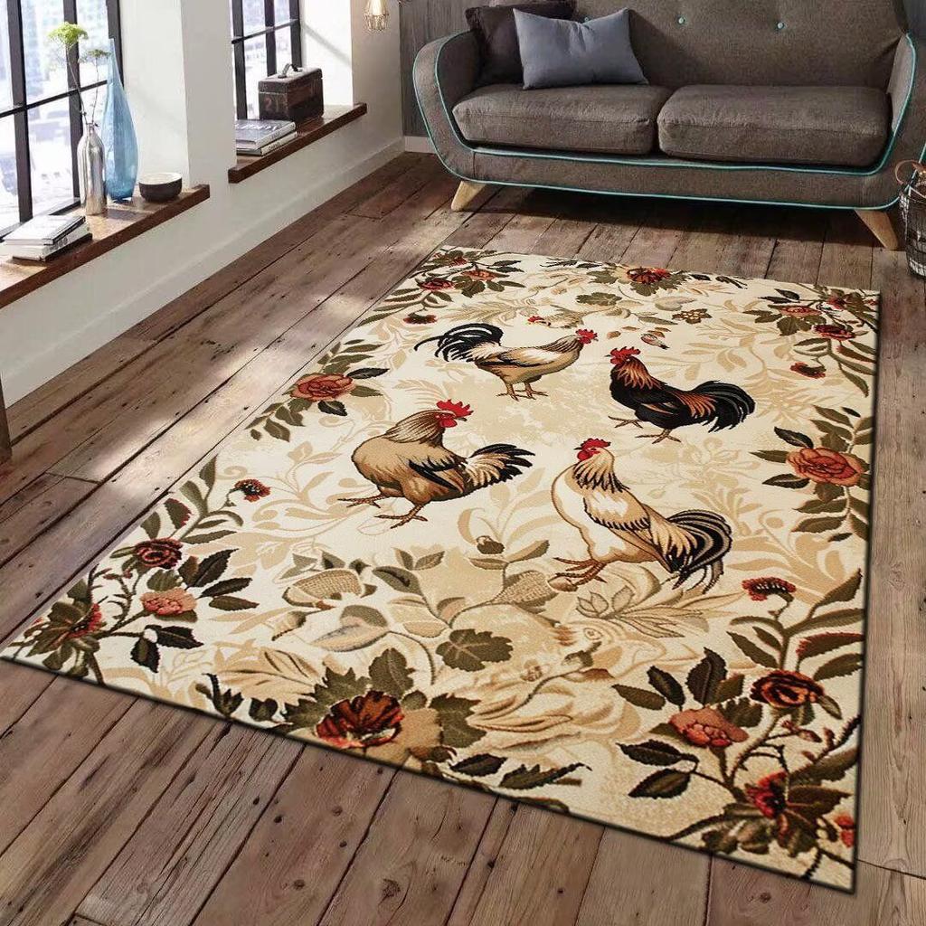 Living Room Decoration Large Carpet Vintage Rooster Print Carpet Wooden House Sofa Winter Warm and Non Slip Foot Pad