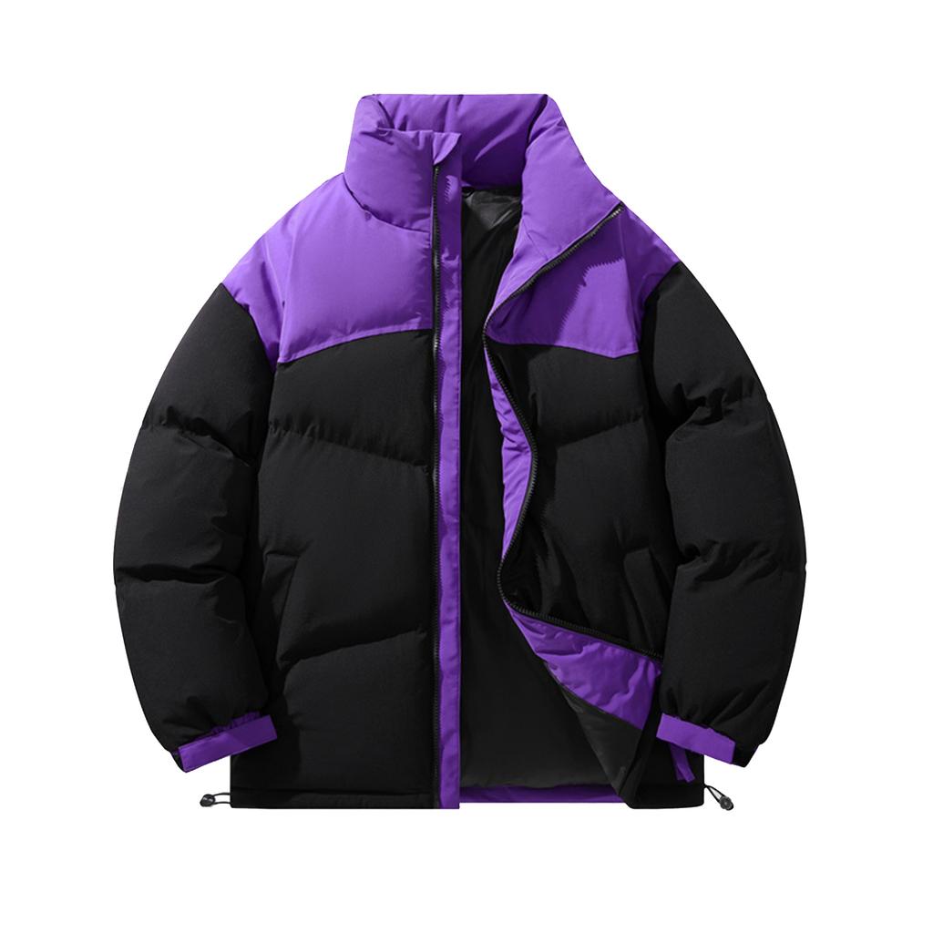 Men's Casual Solid Color Patchwork Color-blocking Cotton-padded Jacket, Men's Thickened Stand-up Collar Breadshirt Cotton-padded Jacket