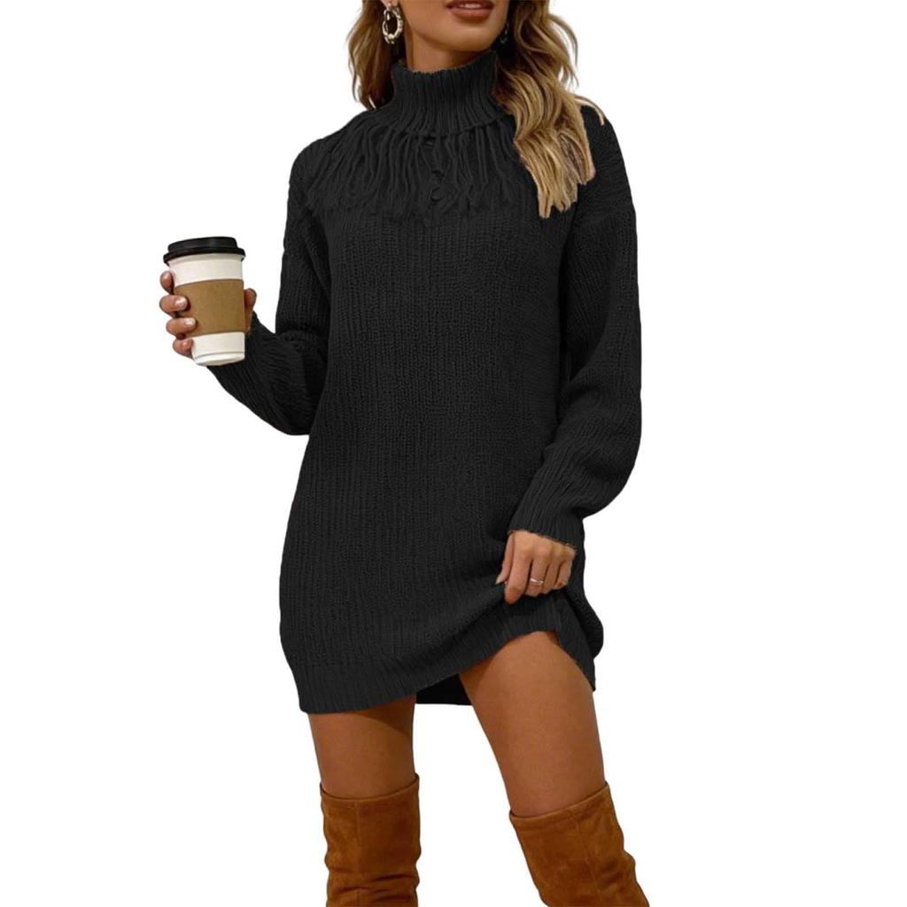 Women's Casual Turtleneck Color Knit Dress for Fall and Winter