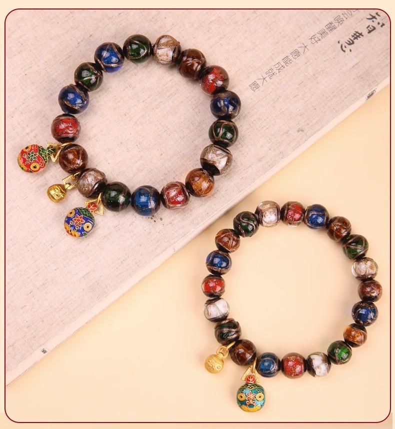 Multicolored Incense Ash Glazed Handcrafted Beaded Bracelet with Swallowing Gold Beast Design for Five-Color Benming Year