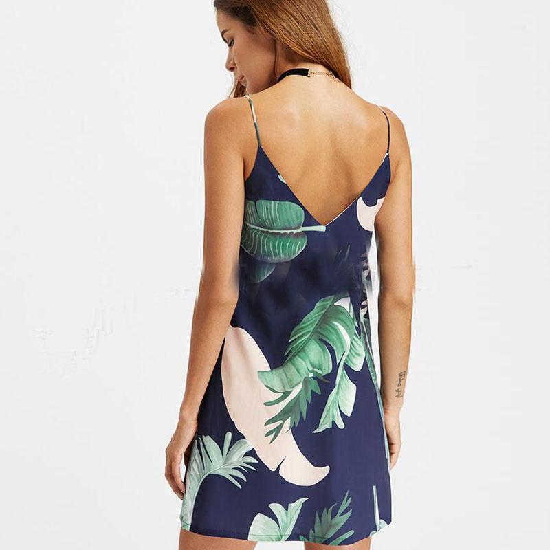 Sidefeel Women V Neck Halter Tropical Plants Printed Casual Dress For Elegant Summer Occasions