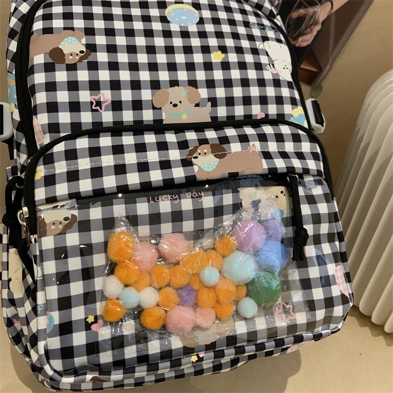 Cartoon Cat Pattern Women's Backpack Plaid Schoolbag