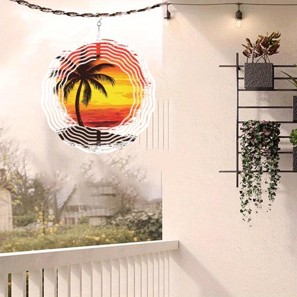Elegant Rotating Wind Chime – Coconut Tree Sunset Design with 360° Hook, Perfect for Spring & Summer Balcony & Garden Decor