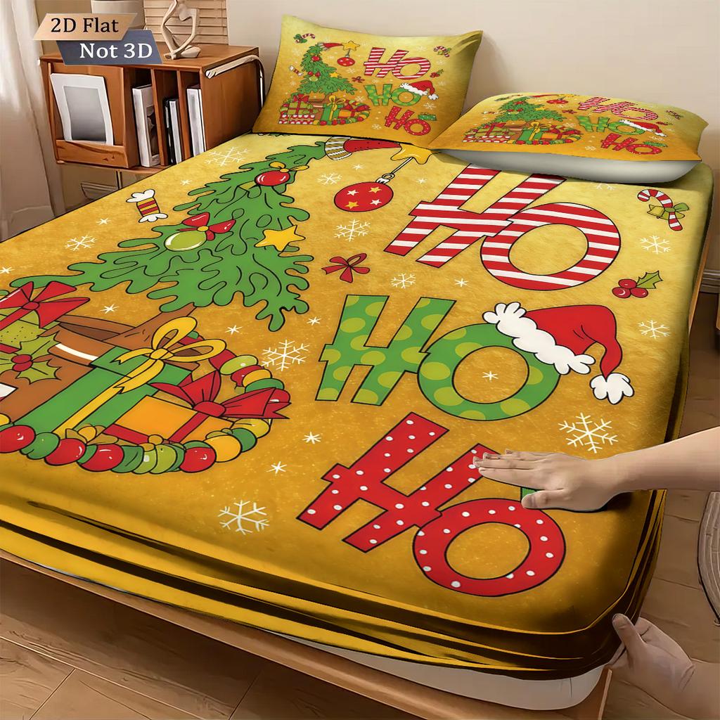 3pcs Cartoon Christmas Tree HO Print Coreless Bed Sheet Set Multi Size Soft Bed Cover Bedroom Bedding Holiday Decoration