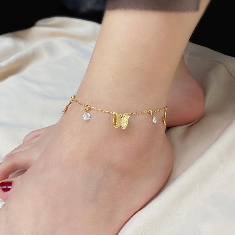Titanium steel zircon double-layer butterfly pendant anklet fashion light luxury bracelet exquisite personality ankle jewelry women's high sense