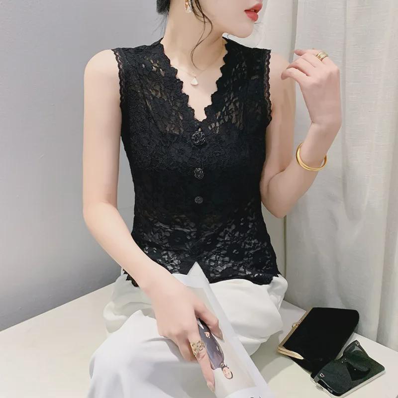 Women's Chinese-Style V-Neck Lace Sleeveless Slim Fit Top