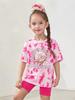 Girls Set Cute Tie Dye 3D Print Summer Children's Short Sleeve Shirt Casual O-Neck Tee Outdoor Loose Comfortable Children's Suit