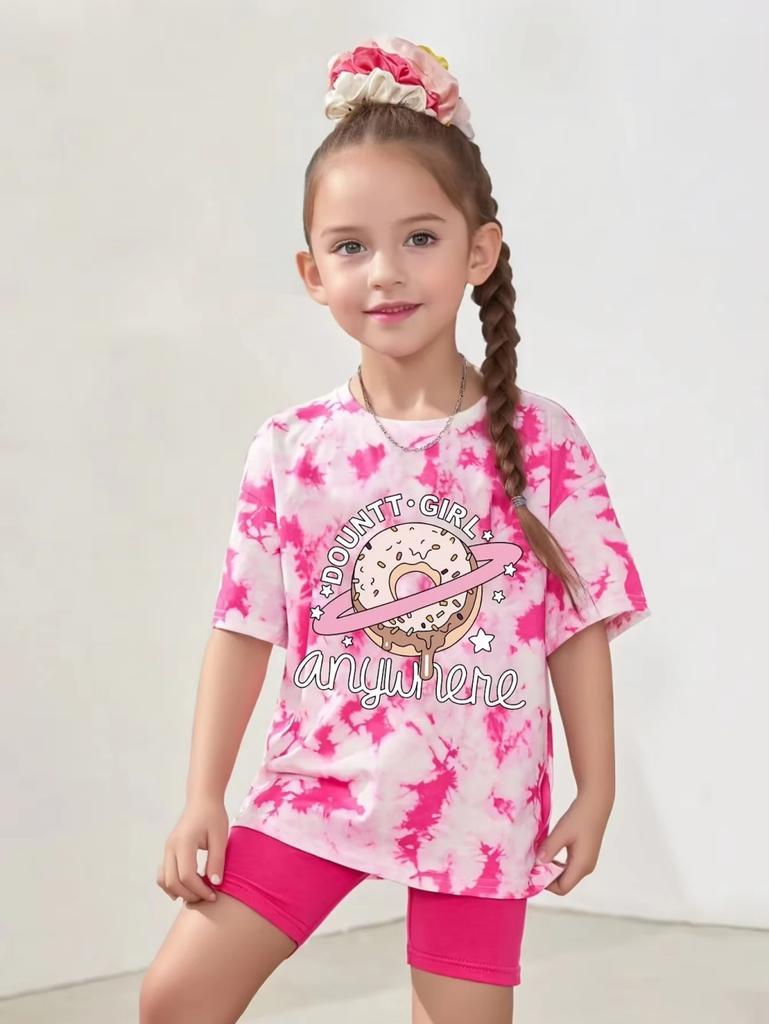 Girls Set Cute Tie Dye 3D Print Summer Children's Short Sleeve Shirt Casual O-Neck Tee Outdoor Loose Comfortable Children's Suit