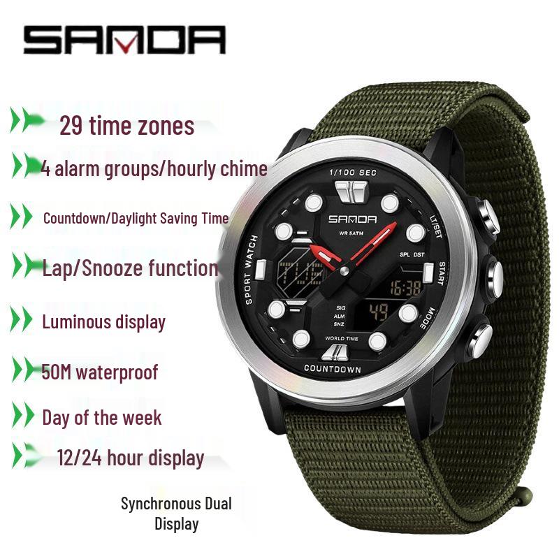 SANDA Multifunction Waterproof Digital Watch with Fluorescent Display, 29 Time Zones, Daylight Saving, 4 Alarms, Student-Friendly