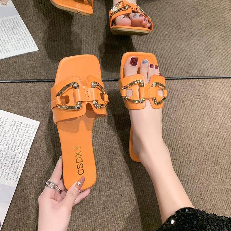 

Fashion Luxury Women Slippers Buckle Design Small Incense Style Casual Wome s Flat Slippers External Wear Summer SandyBeach Woman Slides 37
