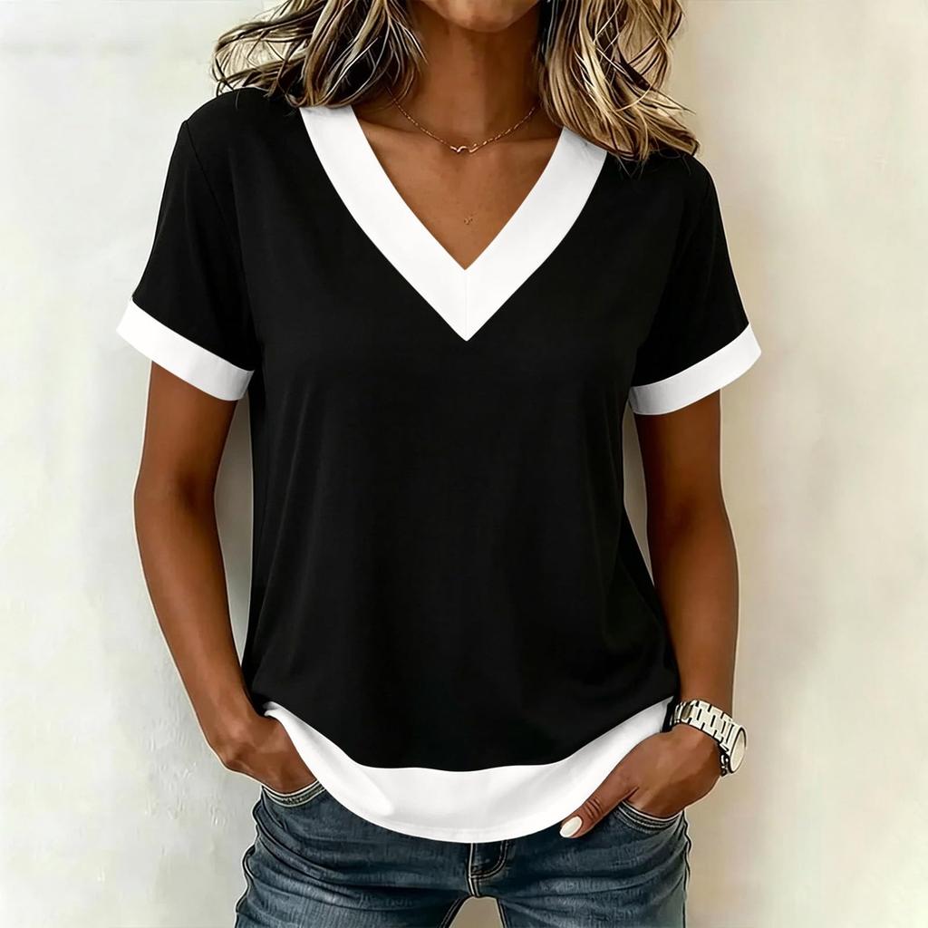 Women's Casual Color Block V Neck Short Sleeve T Shirt Top Lightweight Soft Fabric Relaxed Fit Layered Hem Design