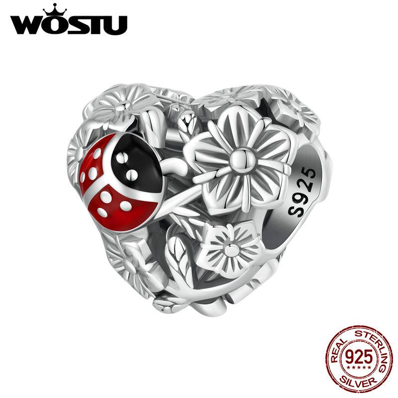 WOSTU 925 Sterlingsølv Lucky Firkløver Ladybug Charms Bee Beads Passer originalt armbånd DIY