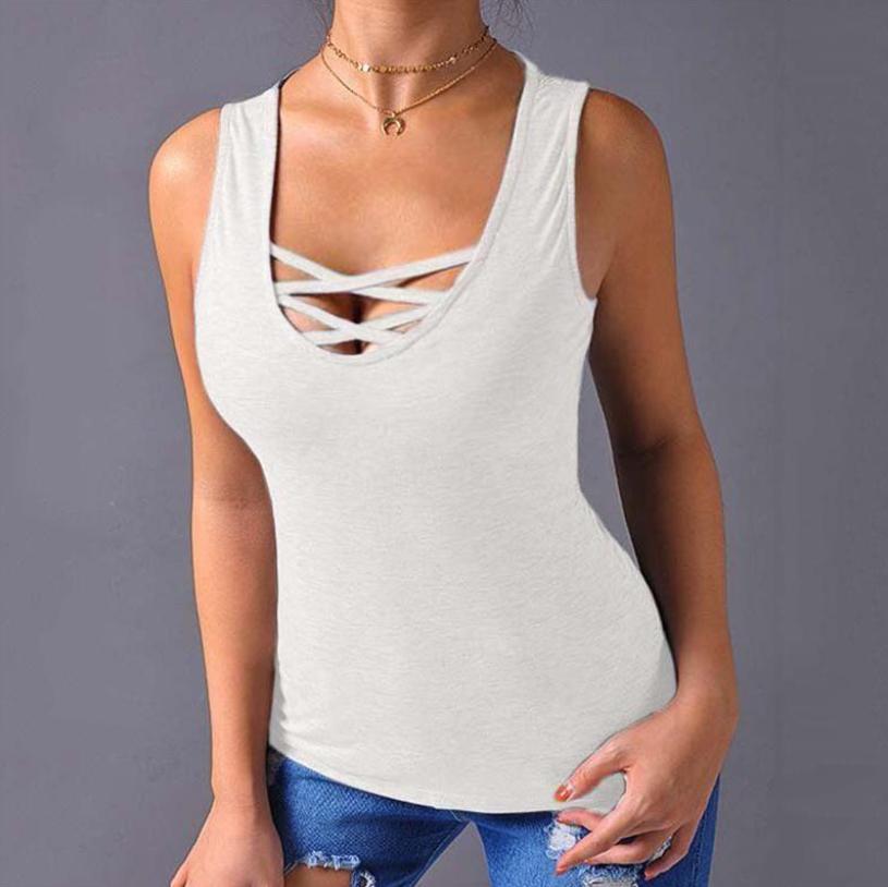 Women Fashion Cross Sleeveless Loose Tops Solid Tank Plus Size