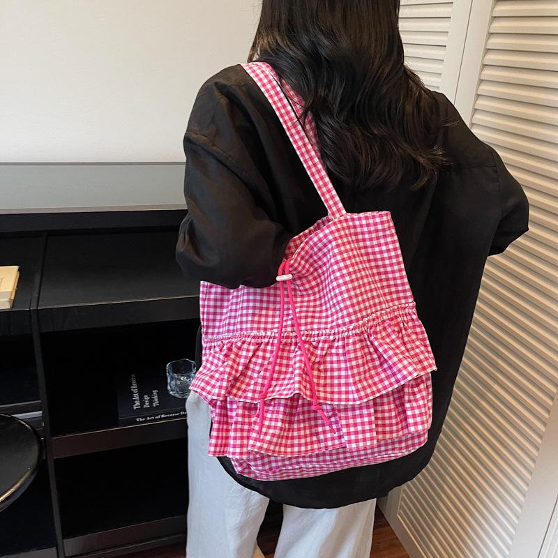 Casual Plaid Ruffle Design Shoulder Bags for Women High Capacity Ladies Tote Bag College Style Girls Drawstring Shopping Handbag