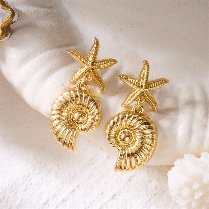 Boho Starfish Shell Conch Asymmetric Dangle Earrings for Women Ocean Style Gold Color Metal Earring Girls Summer Party Jewelry