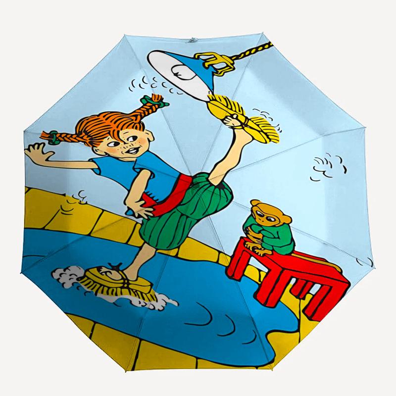 Pippi Langstrumpf Themen-ReiseregenSchirm - 8 Rippen, Automatisches Öffnen und Schließen, Tragbares FaltDesign, Kompakter und Stilvoller Schirm Geeignet