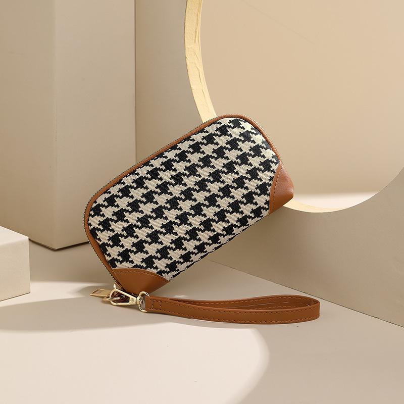 Women Houndstooth Wristlet Wallet Large Capacity Zipper Coin Purse Fashion Clutch Pouch Card Holder Phone Cosmetic Storage Bag