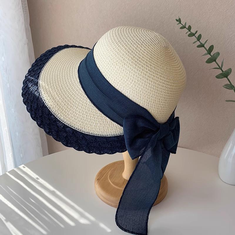 Lace Bow Straw Hat Women's Summer French Large Brim Sunscreen Hat Seaside Beach Vacation Sun Hat
