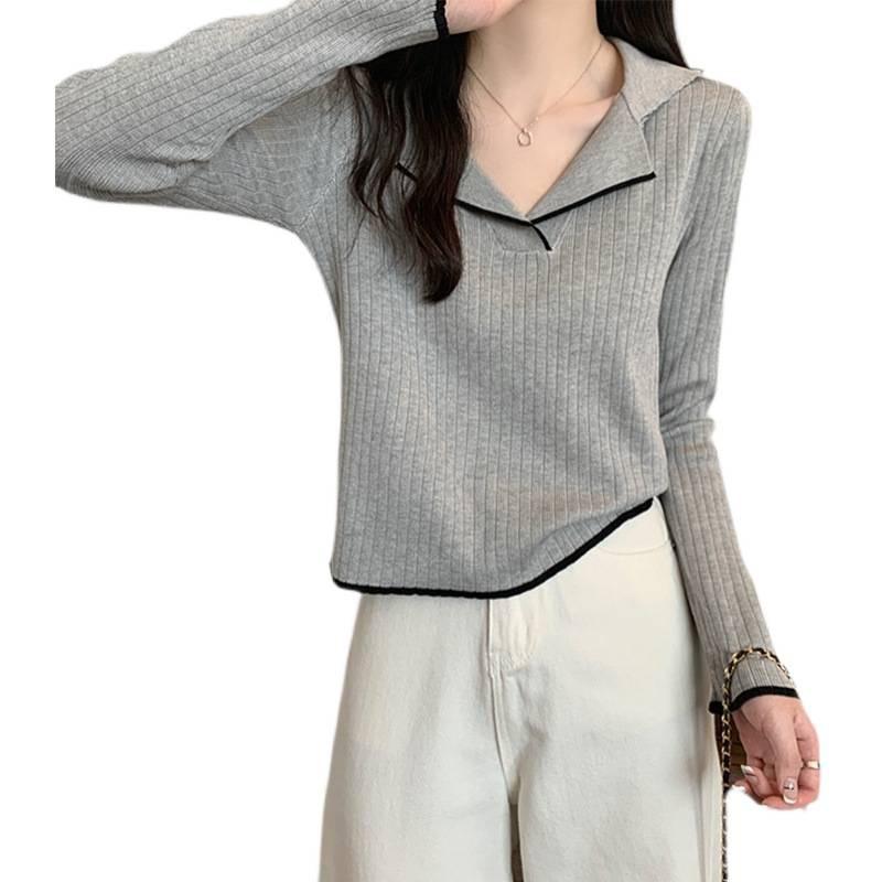 Polo Collar Knit Base Layer Women Spring Autumn Long Sleeve French Style Sweater Top