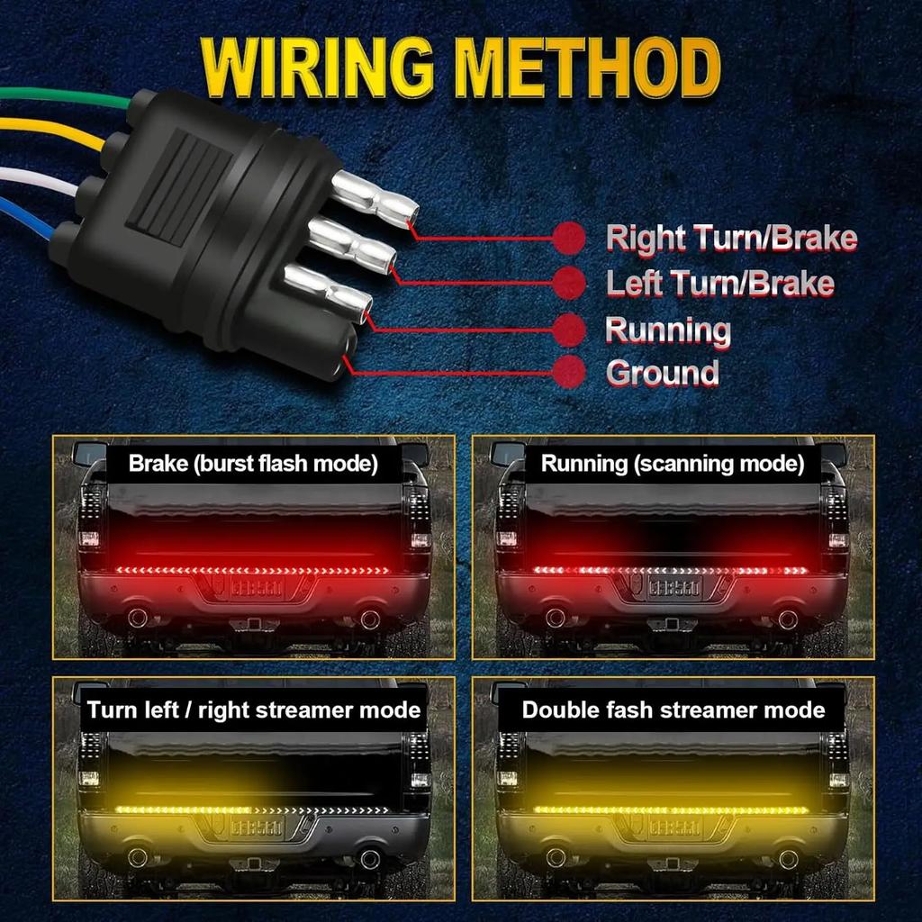 60'' LED Tailgate Light Strip 12V Flexible Red Brake Amber Yellow Sequential Turn Signal Light for Pickup Trucks Trailers RV Van