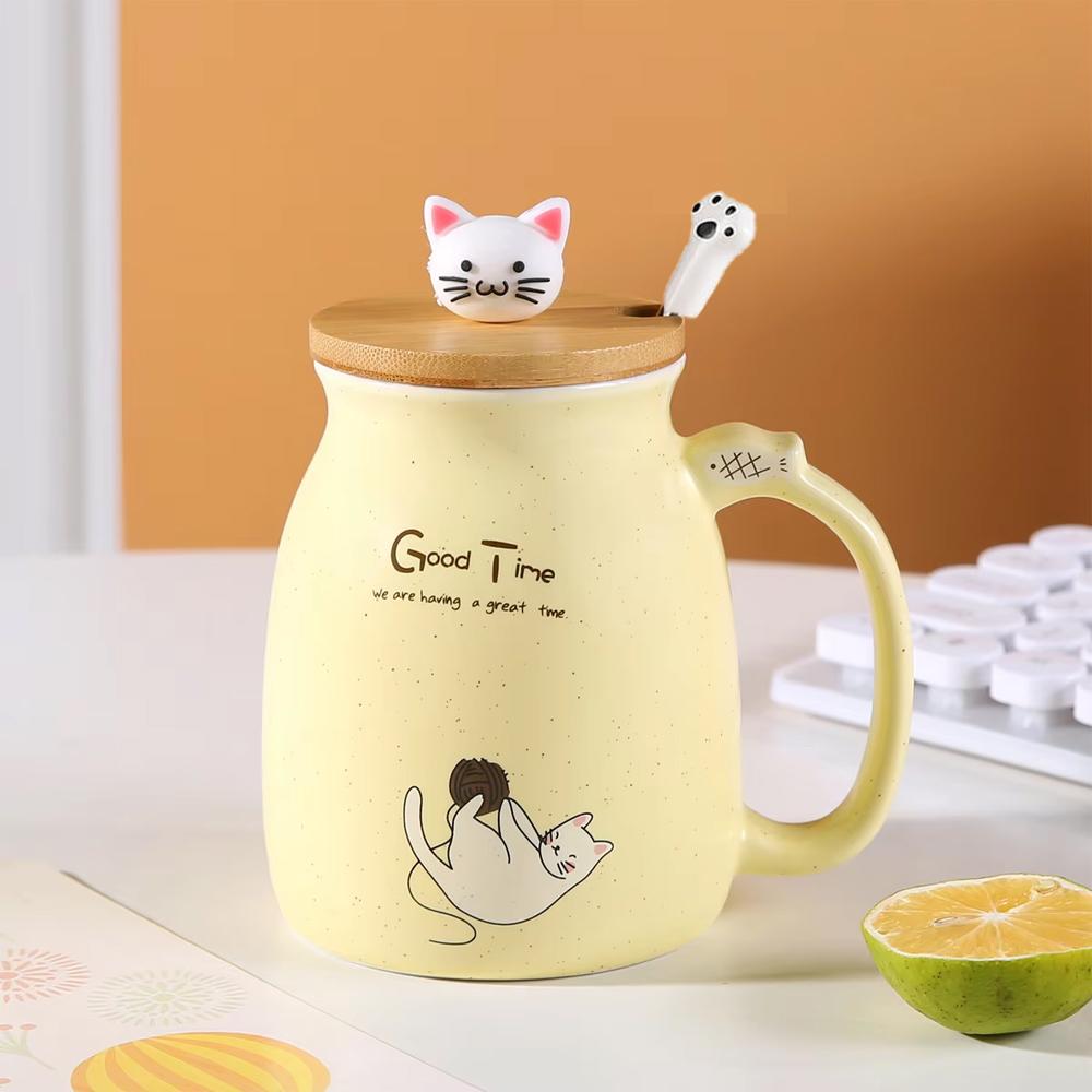 

Cute Cat Water Cup Ceramic Coffee Cup with Handle Wooden Lid and Cat Claw Spoon Pink Gift for Cat Lovers 380ml/12oz 301-400ml жёлтый