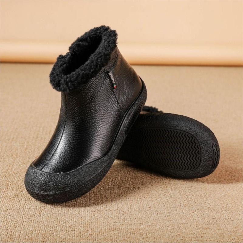 Fashion GKTINOO Genuine Leather Warm Plush Boots Round Toe Soft Soled Women's Short Boots Mother Shoes