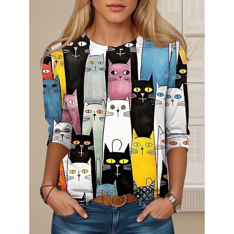 Round Neck 3D Cat Pattern Printed Top Fashionable Casual Long Sleeved Women's T-shirts