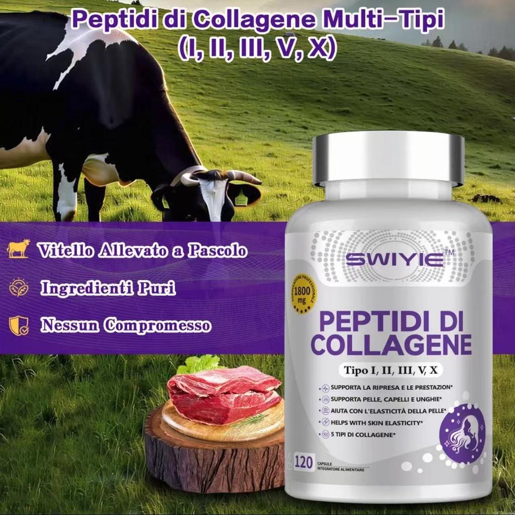 SWIYIE Kapsle s multi-kolagenovými peptidy 1800 mg, Prémiový hydrolyzovaný kolagen pro ženy a muže | Zdraví kloubů, kostí a pokožky | 120 kapslí