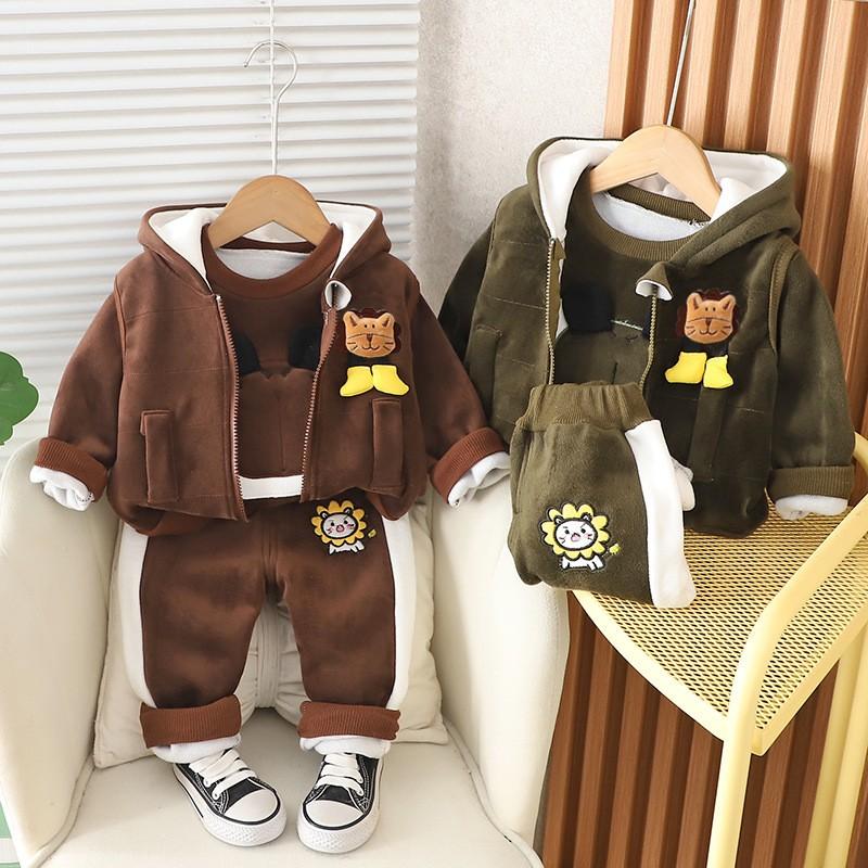 Baby Boys Clothing Set Autumn Winter Cartoon Thick Hooded Jacket Coat Pants 3Pc Suit for Kids Warm Outfits