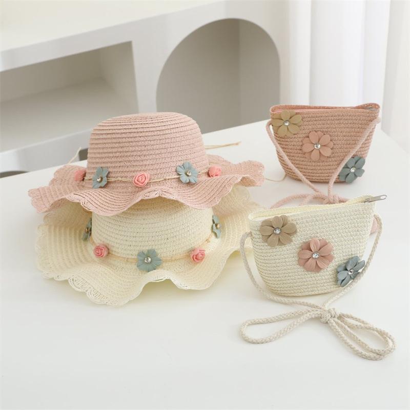 Summer Child Casual Butterfly Straw Hat Handbags Sets Kid Girls Outdoor Holiday Panama Cap Straw Bags Sun Hat 2pcs
