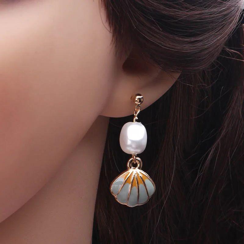 Imitation Shell Pendants Women's Hanging Earrings Irregular Simulated Pearls Pink Blue Trendy Vintage Dangle Earrings