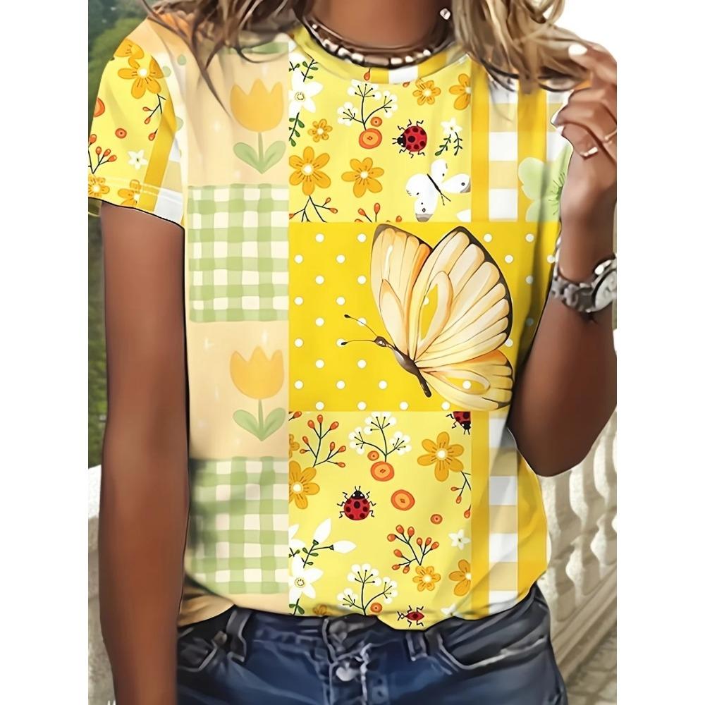 

Радостная женская футболка с желтым пэчворк принтом 2XS