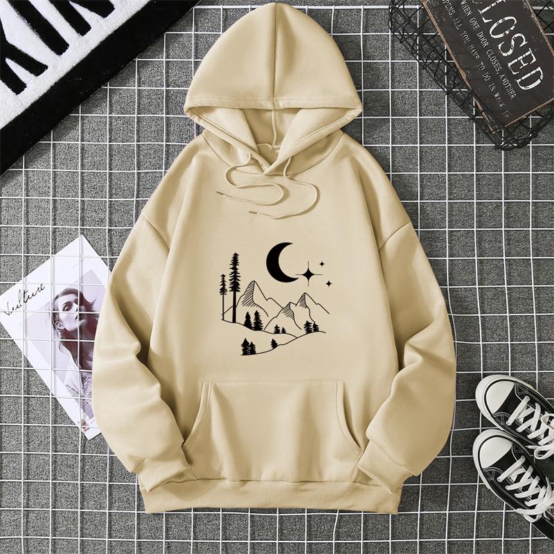 Autumn Winter Crescent Moon Pendant Printed Hoodie Sweatshirt Unisex Casual Style Top Korean Trend Couple Matching Shirt CYXX335