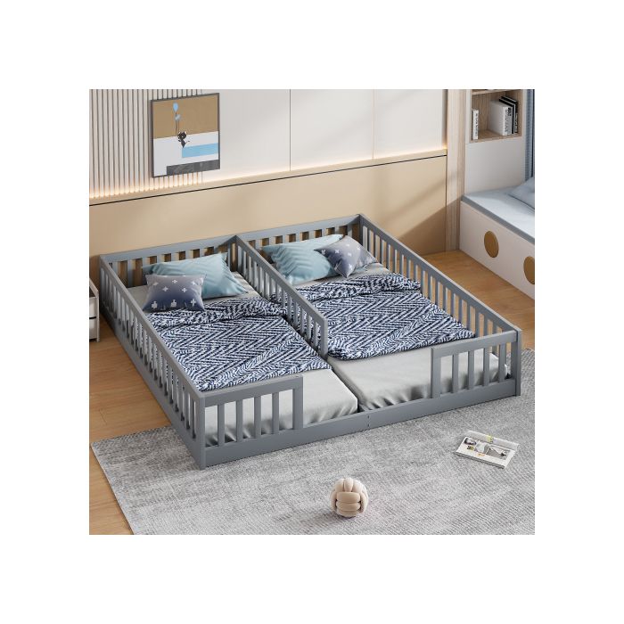 Pat căptușit - MUVOE - 90 x 200 cm - Gri - 2 locuri - Barieră de siguranță