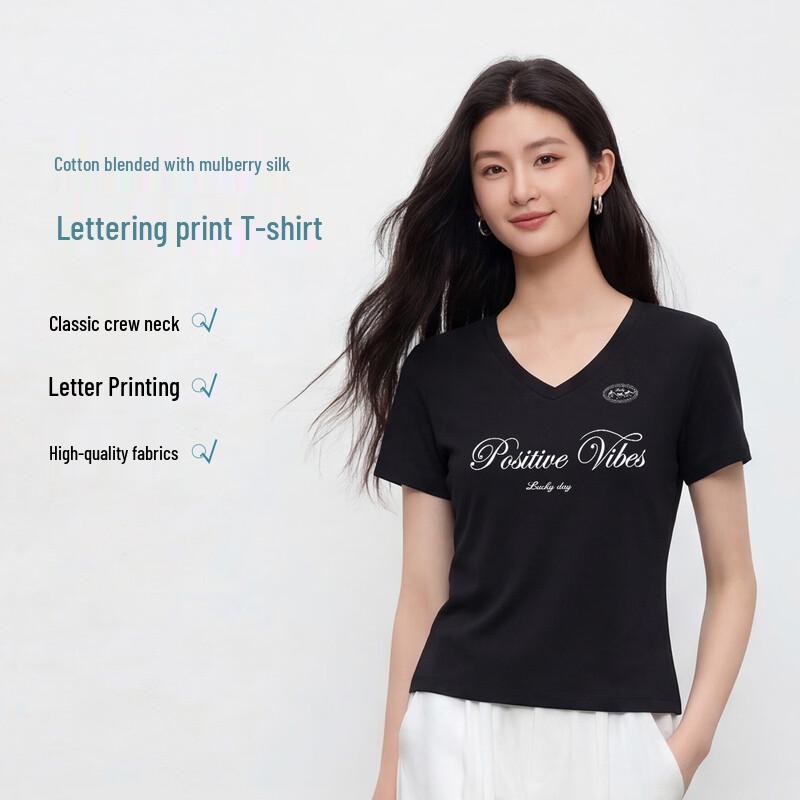 FivePlus Women s V-Neck Silk Blend Letter Print T-Shirt M