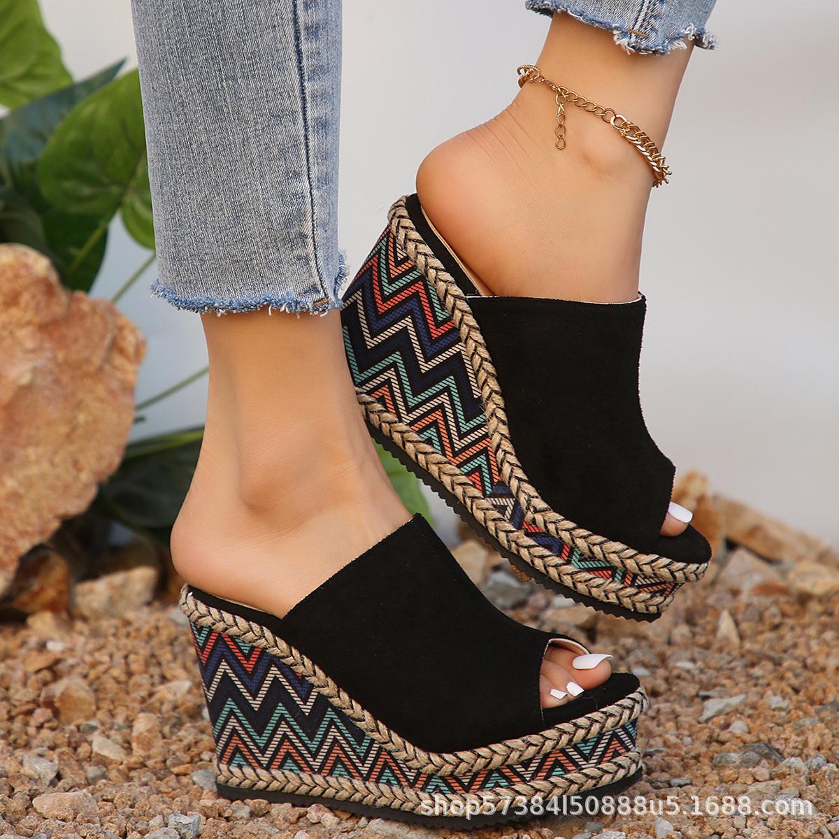 

705-5 Slope heel cool slippers women s summer outer wear fashion 2025 new high-heeled versatile thick-soled muffin fish mouth sandals 36 чёрный