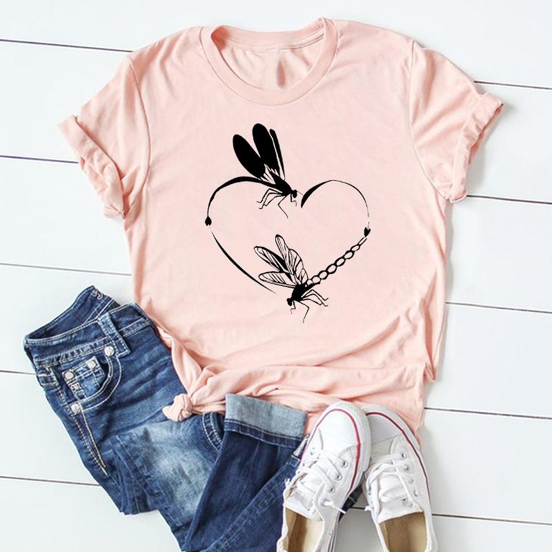 (Asian Size) Dragonfly Dandelion Plant Short Sleeve Women Print Tee Top Summer Fashion Tshirt  Lady Female Clothing Casual Graphic T-shirt