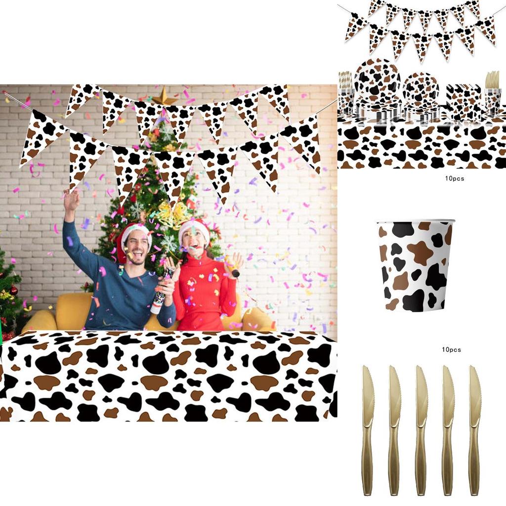 High-quality Party Tableware Set Black Brown Cow Print Paper Plates Cups And Utensils